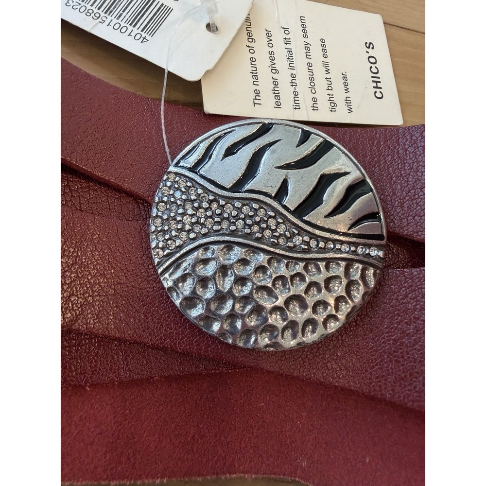 Chico's Wide Genuine Leather Belt Red Zebra Rhinestone Disc Buckle Glam Boho M - Picture 3 of 12